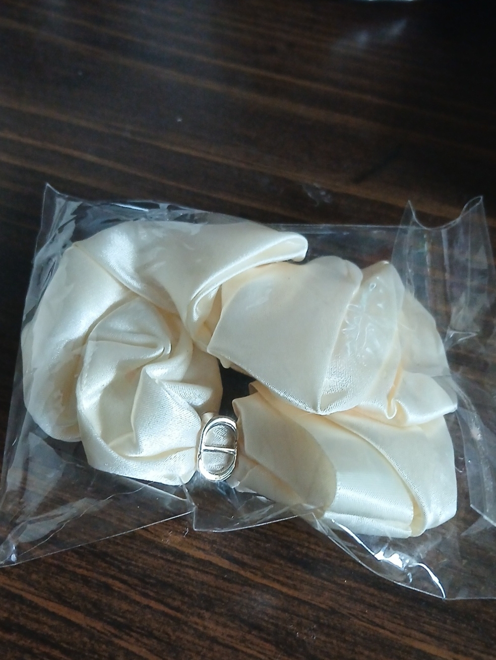 DIOR Ivory Satin Scrunchie with Metal Accent CD